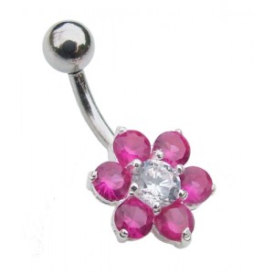 Small Sterling Silver Flower Belly Bar - Rose